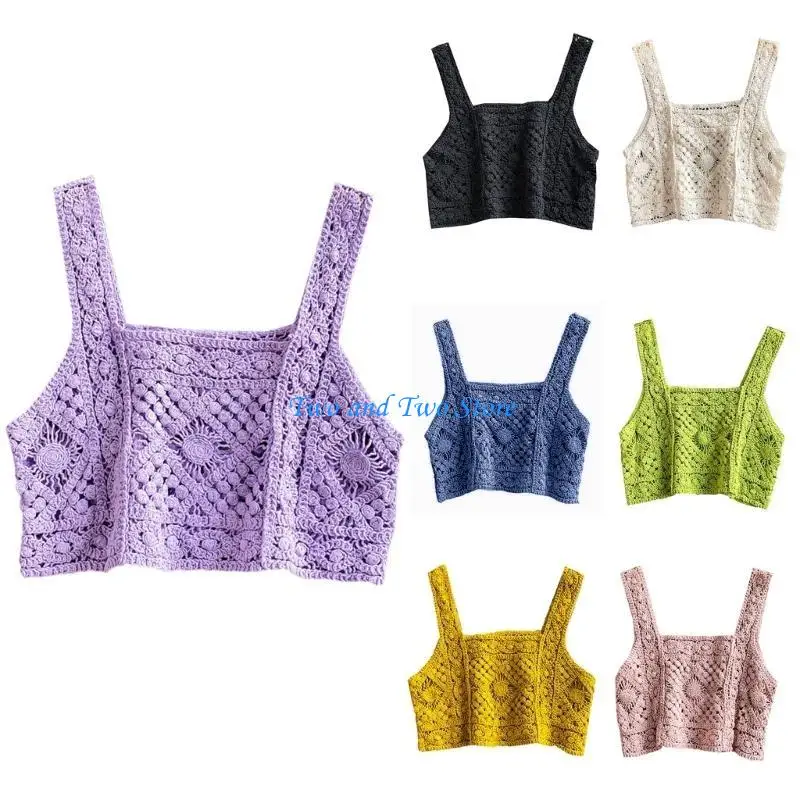 

HX6F Women Crochet Sleeveless Crop for Tank Top Ethnic Hollow Out Knit Rhombus Plaid Sweater Cami Vest Square Neck Waist