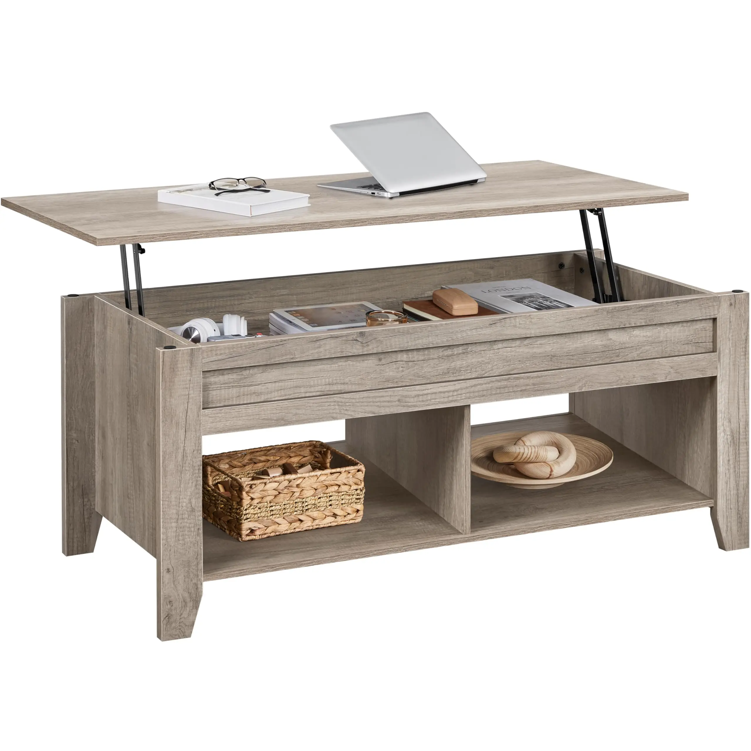 Multi-functional Lift Tabletop Furniture, Farmhouse Style Center Table with Hidden Storage Compartment & Lower Open Shelf, Gray