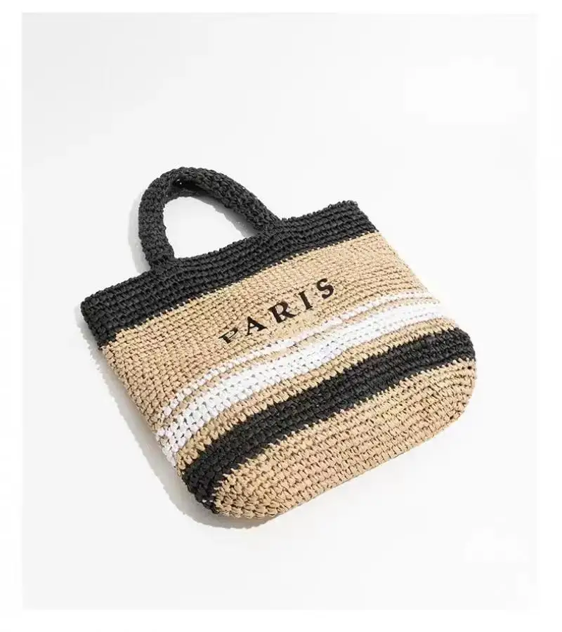 Bolso de mano de rafia para mujer, bolsa tejida de paja de ganchillo, hecha a mano, de gran capacidad, color negro, para playa, novedad de 2023