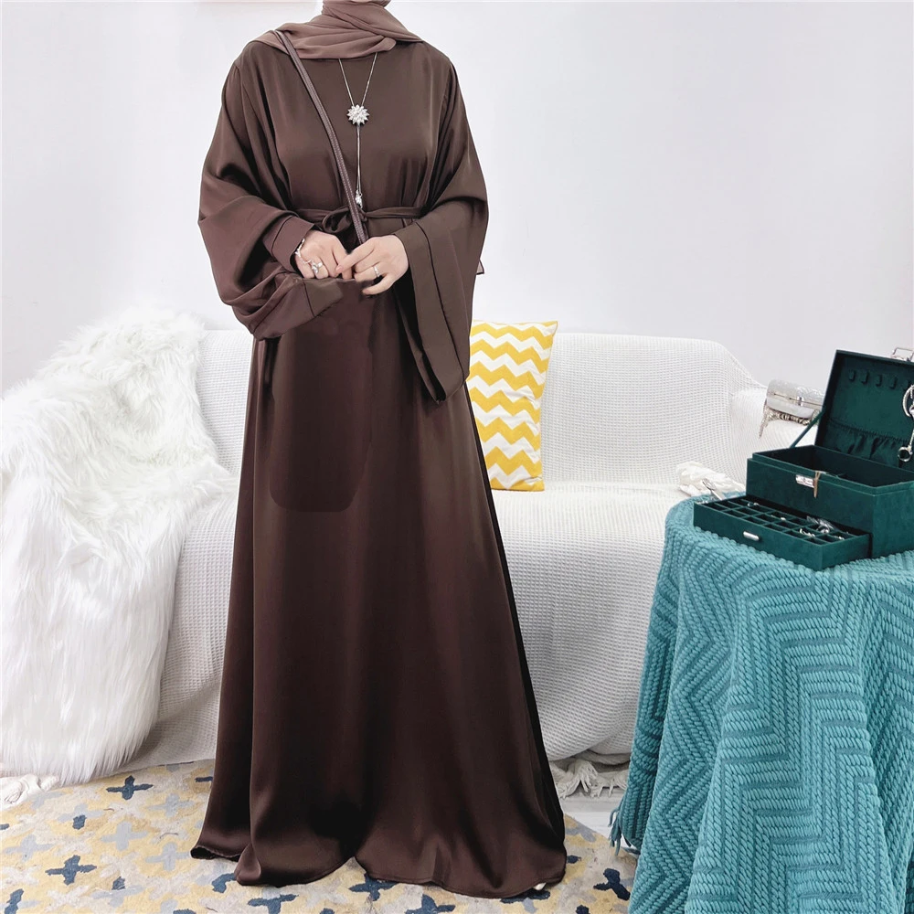 Elegant Shiny Satin Abaya Modest for Women Muslim Eid Dress Ramadan Kaftan Arabic Long Robe Dubai Femme Islamic Jalabiya Vestido