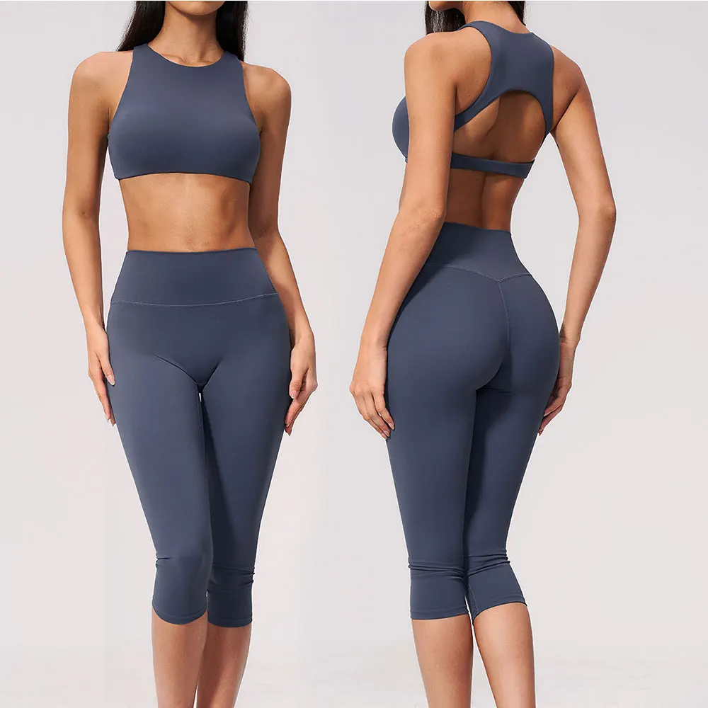 2‑Piece Women Workout Yoga Suit Racerback Sleeveless Sports Bra High Waist Capri Pants Elastic Quick‑Dry Fitness Set Sportswear
