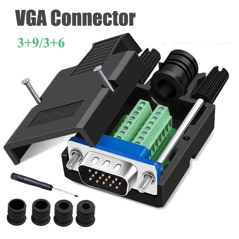 3+9 VGA Solderless Connector DB15 3+6 Locking Type 3 Row of 15 Pin Male Female Plug Computer Monitor Projector Breakout Terminal