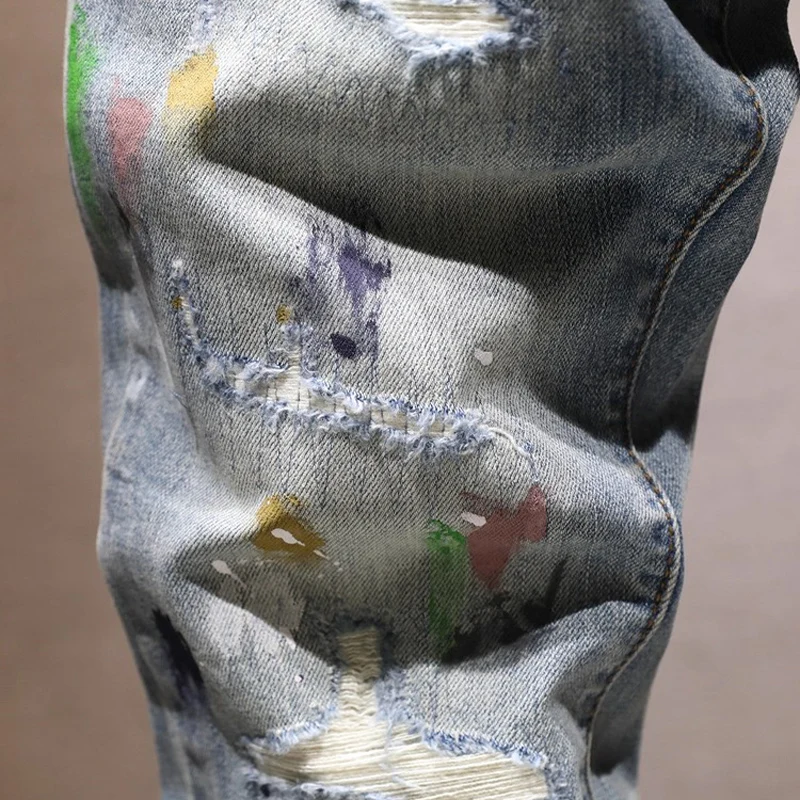 fashion new jeans,Y2K painted, washed, nostalgic, stretchy, slim fit, retro, light blue jeans, high street hip-hop, Italian pan