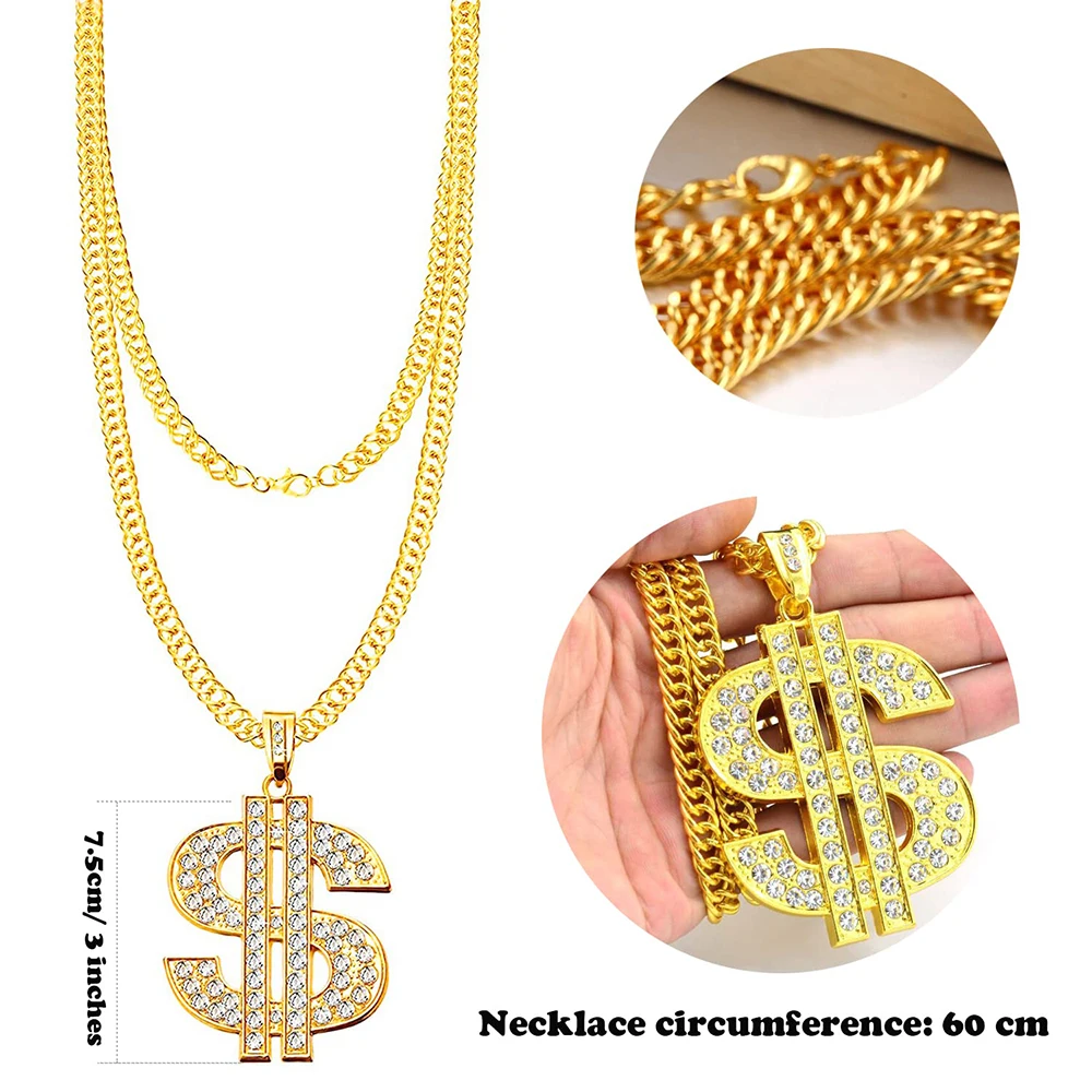 Jardme 80s 90s Hip Hop Jewelry Set for Men Costume Kit Old School Rapper Golden Rope Chain Bracelet Dollar Sign Chain Jewelry