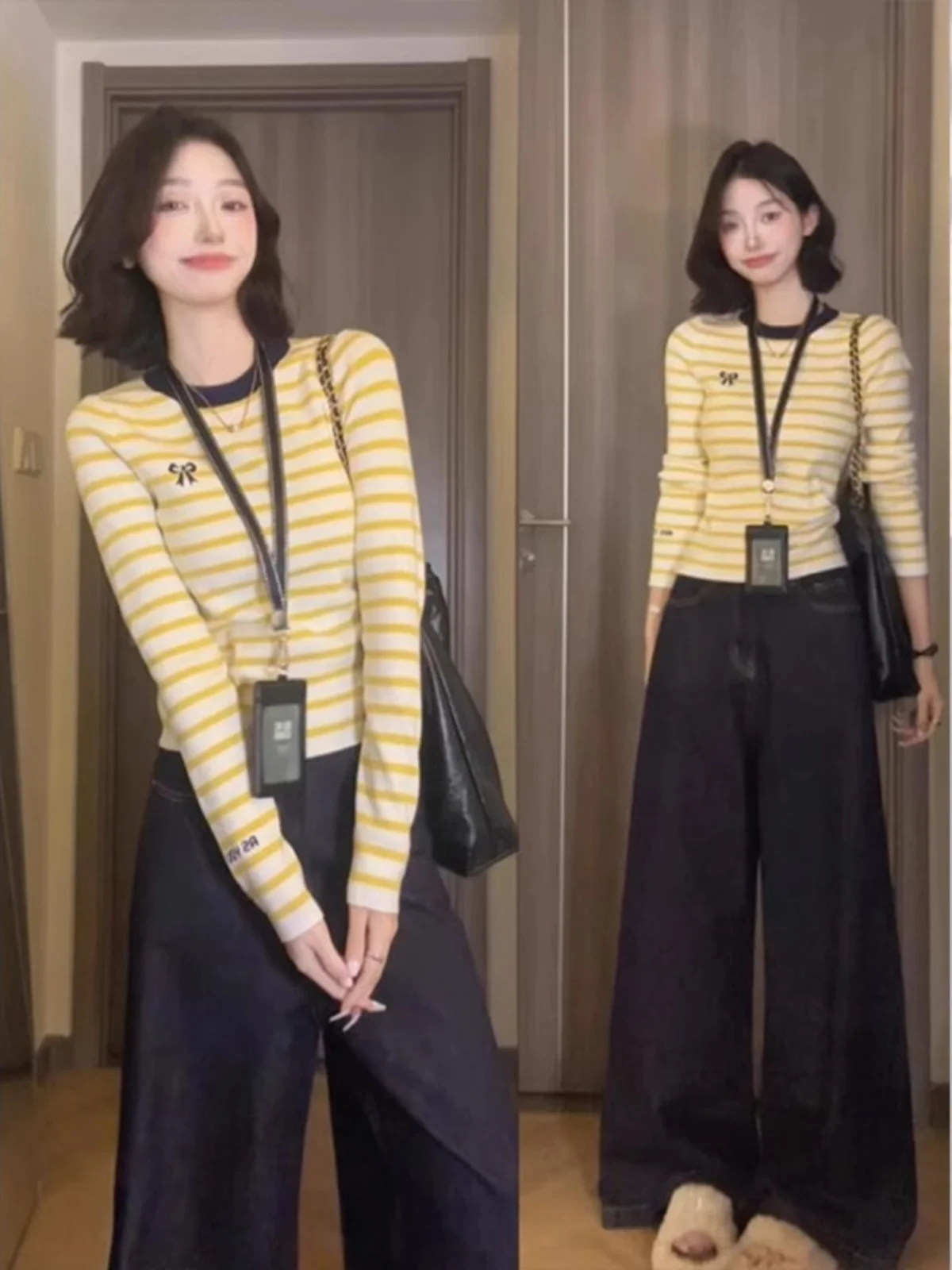 

Slim Fit Striped Knit Base Shirt Women's Inner Wear T-Shirt Korean Style Commute Fashion Small Size Autumn Winter Top