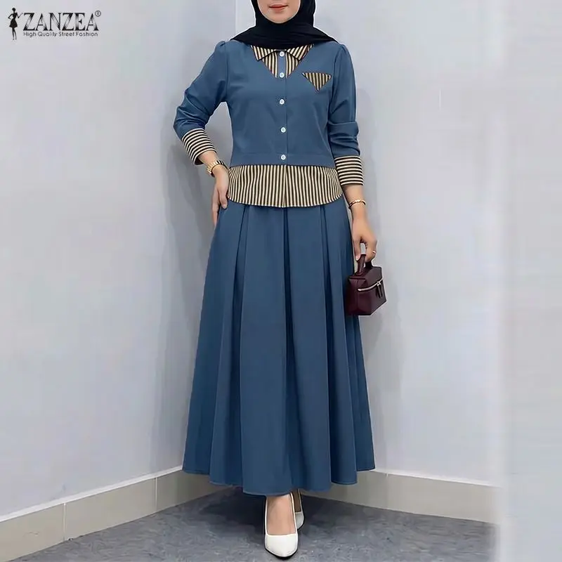 Women Muslim 2 Pieces Sets ZANZEA 2026 Modest Elegant Long Sleeve Patchwork Blouse Pleated Maxi Skirt Suit Eid Ramadan Outfits