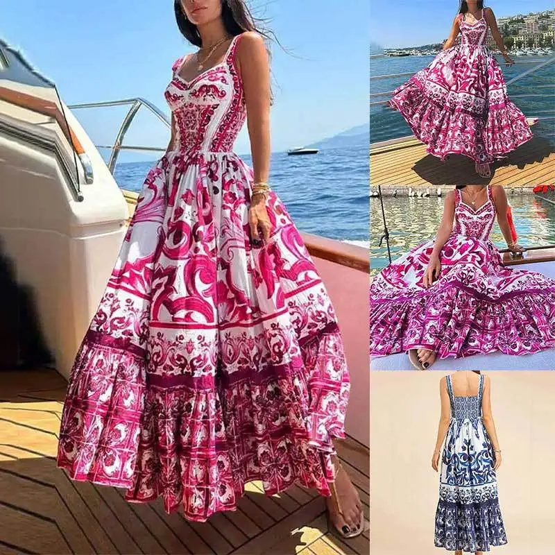 New fashion popular clothing women's summer new printing square neck halter dress pleated Slim high-waisted dress women