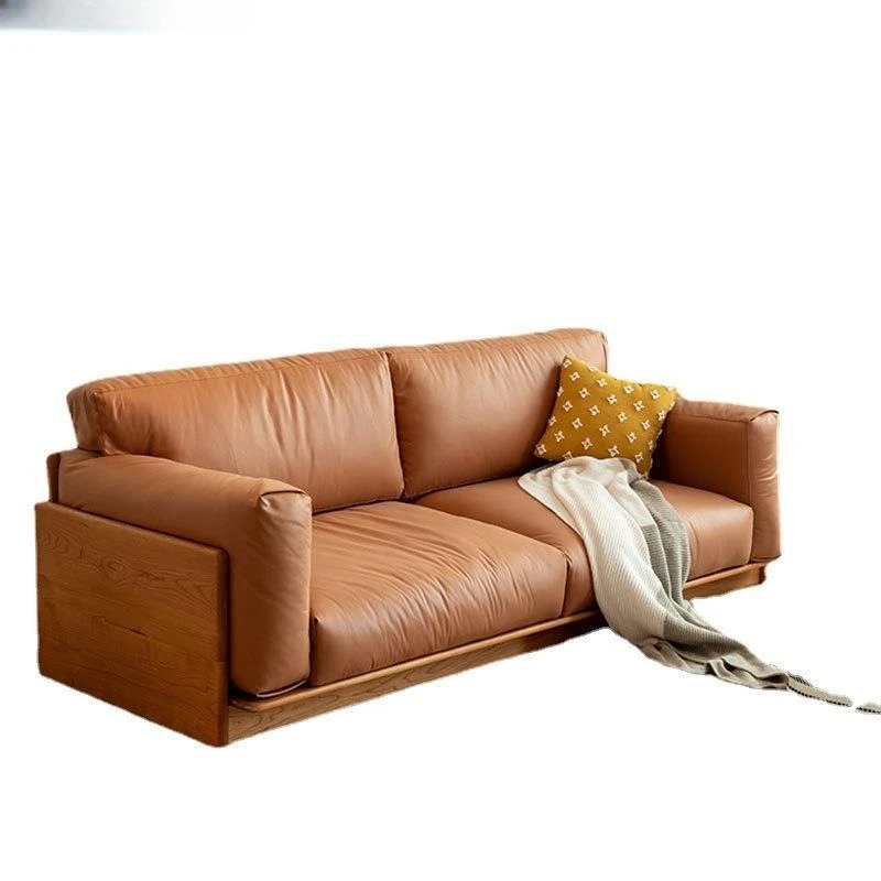 Cherry wood solid wood sofa, simple Nordic living room combination leather single triple sofa