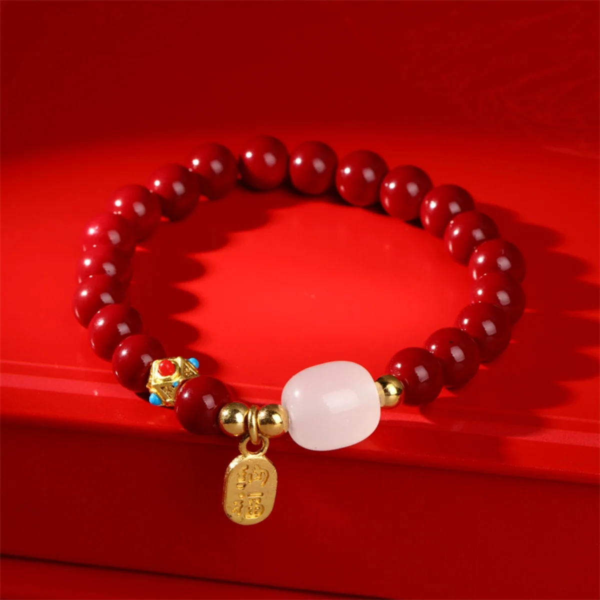 Glück Nachahmung Rot Farbe Zinnober Perlen Armbänder Für Frauen Männer 8mm 10mm Weiß Harz Perlen Bringen Reichtum armreif Paar Schmuck