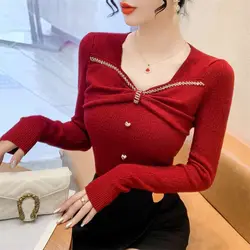 Fashion Elegant Sping Sweaters Women Square Collar Solid Button Bow Beading Loog Sleeve Pullovers Knittd Bottoming Shirt Tops