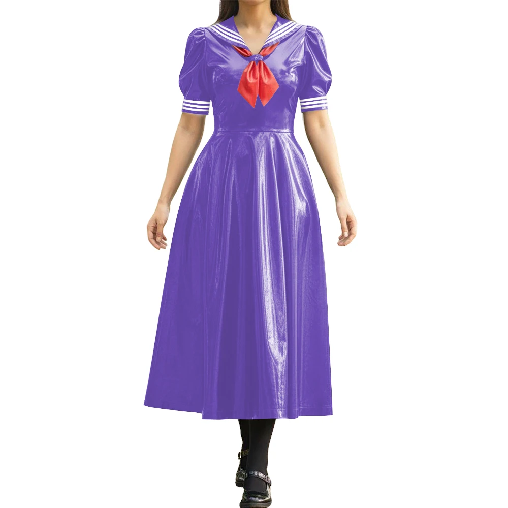 Vinyl PVC Leather Long Sailor Dress with Puff Sleeve Japanese Cosplay Women's School Uniform Halloween Party Role Play Outfits