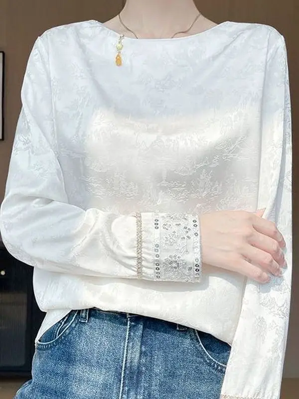 

New Chinese Sle Satin round Ne Embroidered irt Loose Long Sve Women's Top Slimming Autumn Faion Casual irt