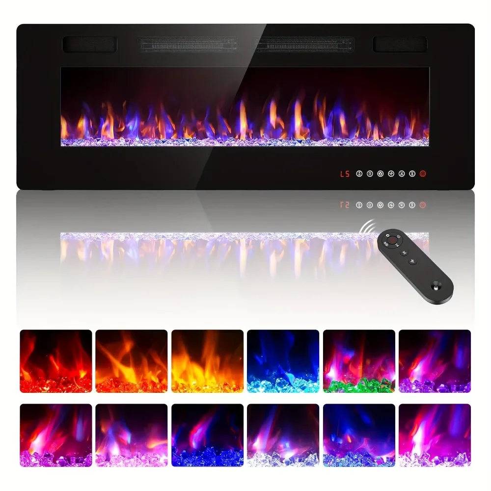 Modern 50 Inch Wall-Mounted Electric Fireplace Heater with Multi-Color Flames, Timer, and Remote Control - 1500W Square Chimney