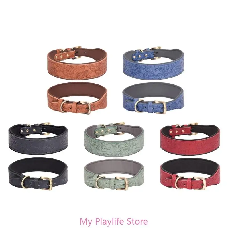 Leather Dog Collars for Walking Soft Wide Padding Embossed Collars for Medium Large Breeds Pet Training Collar Accessories