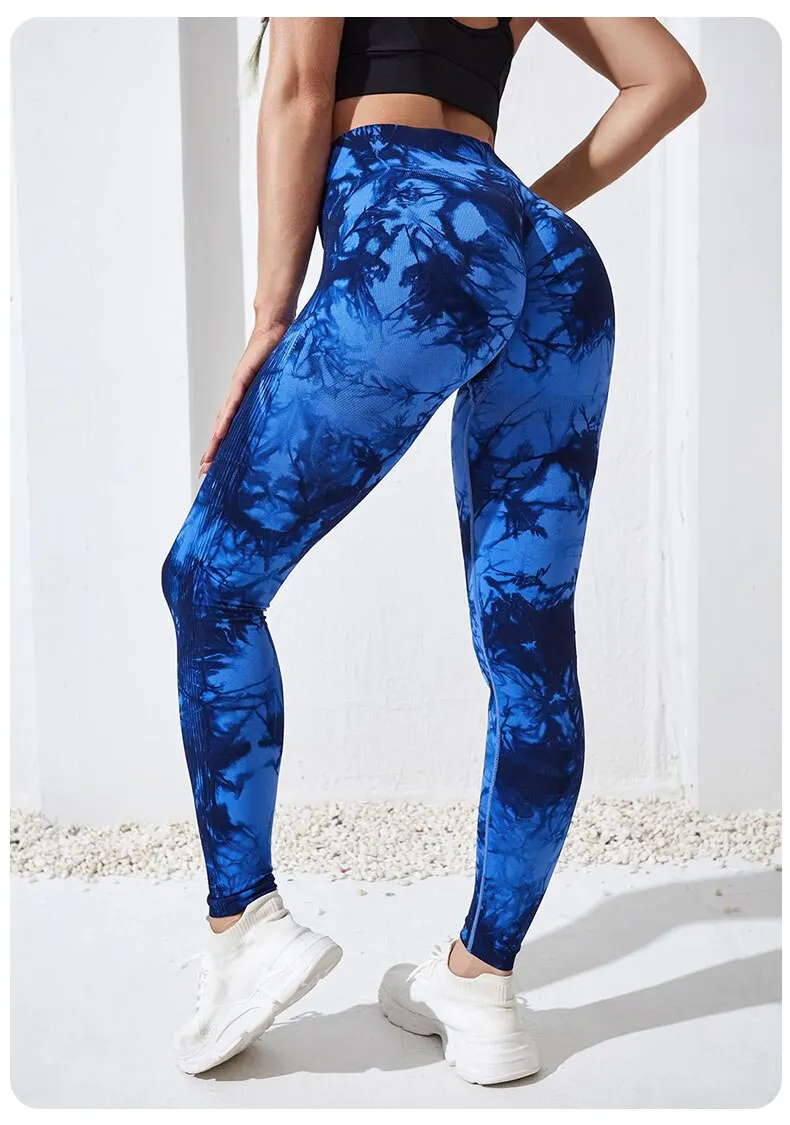 Tie Dye Yoga pantaloni Leggings sportivi 2 pezzi senza cuciture a vita alta Push Up donna collant Fitness Workout Leggins abbigliamento da palestra