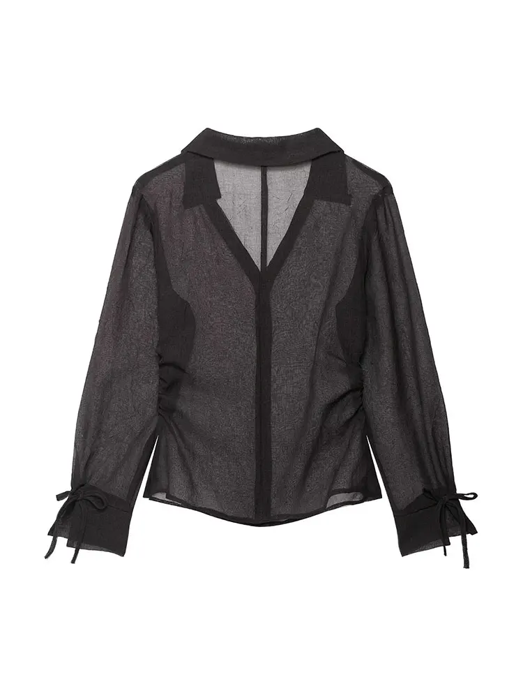 TFAFXY قمصان نسائية شفافة بأكمام طويلة ورقبة على شكل V بلوزات عصرية أنيقة للفتيات قميص نسائي أنيق