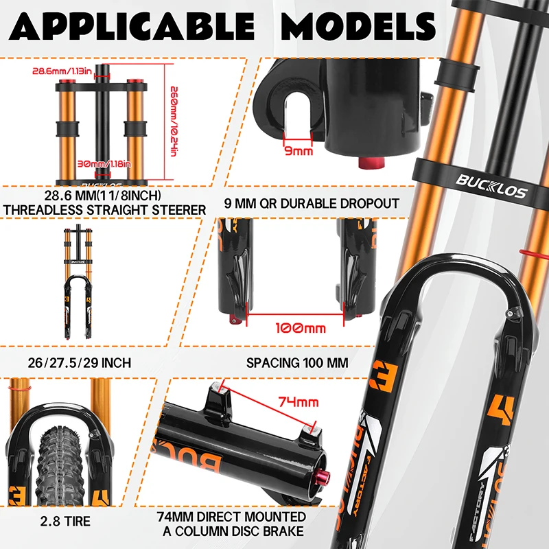 BUCKLOS الجبلية المزدوج تاج الهواء شوكة 9*100 مللي متر الإفراج السريع دراجة الهواء شوكة تعليق السفر 180 مللي متر دراجة هوائية جبلية شوكة 26/27.5/29 بوصة #3