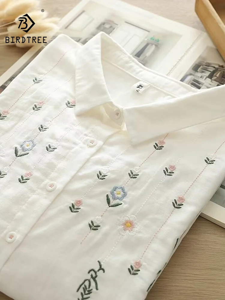 

Новая летняя женская блузка из хлопковой пряжи с рукавом 3/4, отложным воротником и вышивкой, в стиле Mori Girl, тонкая свободная модель T64425CC