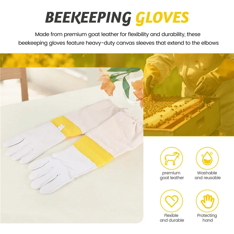 Beekeeping Gloves Beekeeping Tools White Leather Golden Yellow Mesh Short Mesh Breathable Gloves Bee Protection Tools-B91B