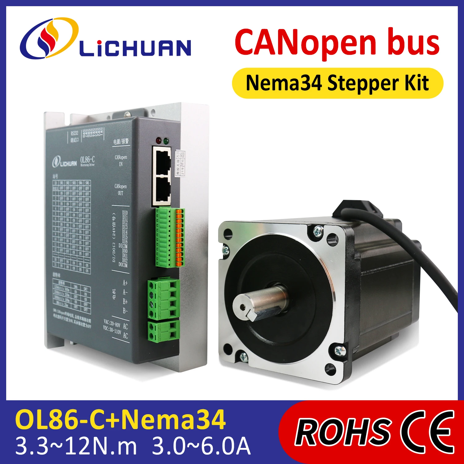 DC30~110V/AC20~80V 3/5/6A Stepper Motor Controller Kit 3.3/4.5/6.9/8.5/10/12N.m 2Phase Nema34 OpenLoop Stepper Motor Drivers Kit