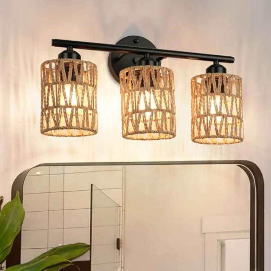 

Frideko 3-Light Bathroom Vanity Light Fixtures Modern Rattan Bathroom Lighting Fixtures Over Mirror Boho Wall Sconces with Wove