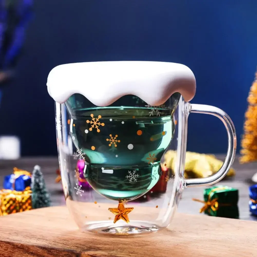 Christmas Supply Wish Cup Cartoon Double Layer Cup Cute Gift Water Coffee Cup Glass  Thicken Xmas Tree Mug Lid Kitchen Tools