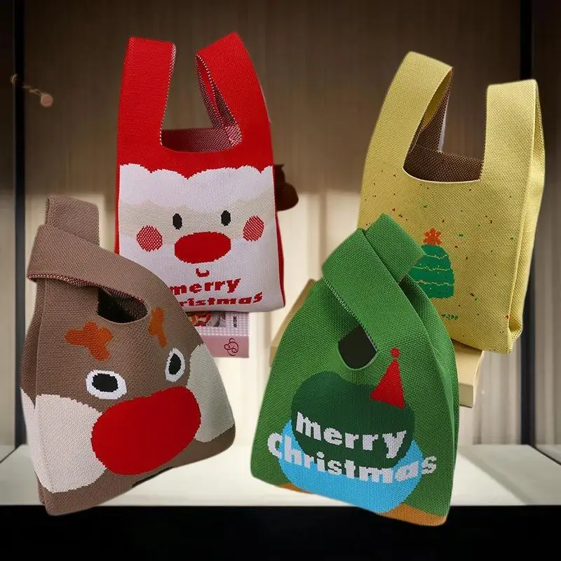 

Festive Knitted Ladies Handbag Knot Strap Tote for Casual Use Reusable Shopping Companion Xmas New Year Gift Bag