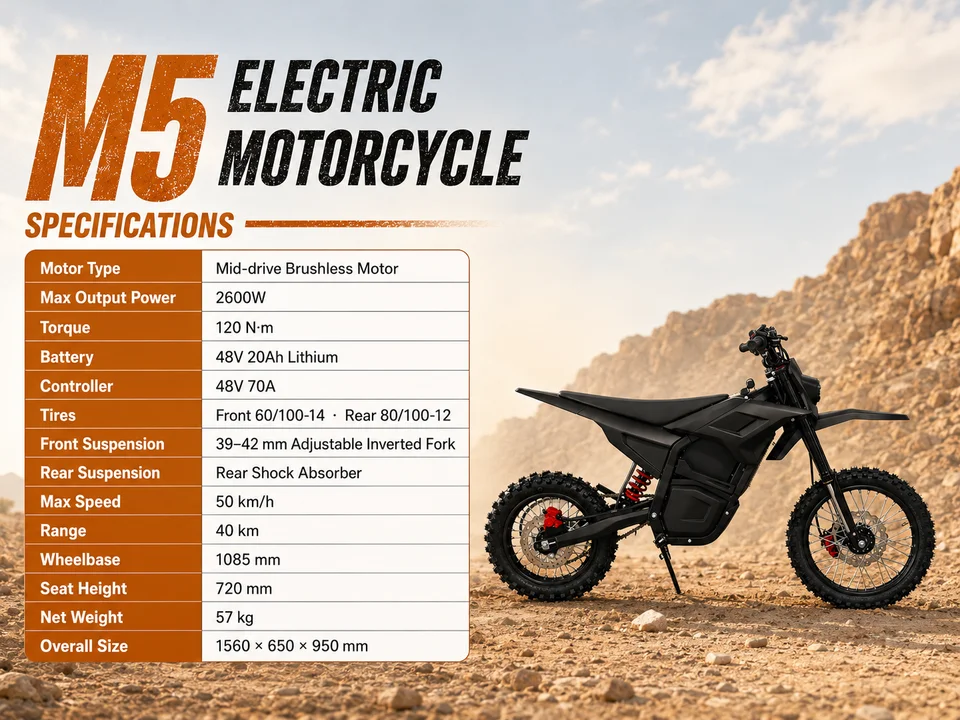 M5 Electric Bike for Adults 2600W Peak 30MPH Max Speed 48V 20Ah Lithium Battery 25 Mile Range All-Terrain Off-Road Electric Motorcycle  Tires Inverted Front Fork Rear Shock Absorber Hydraulic Disc Brakes Chain Drive E-Dirt Bike for Off-Road image 4