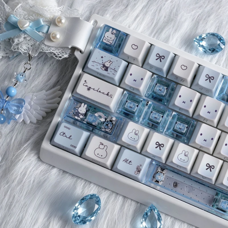 Cartoon Kawaii Miffy Keycaps Blue Side Carving Translucent Original Factory Supplement Adapt Magnetic Axis Machinery Good Looks