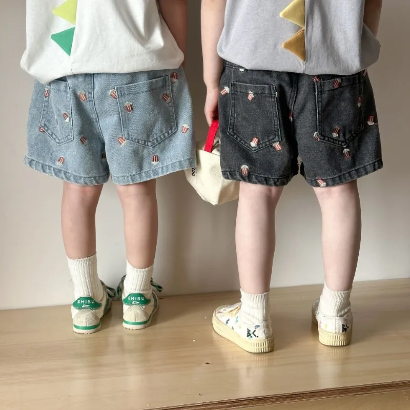 

Knee Length Pants for Boys and Girls Loose Elastic Waist Denim Shorts 2025 Summer Kids Shorts 1-8T Popcorn Embroidery Casual