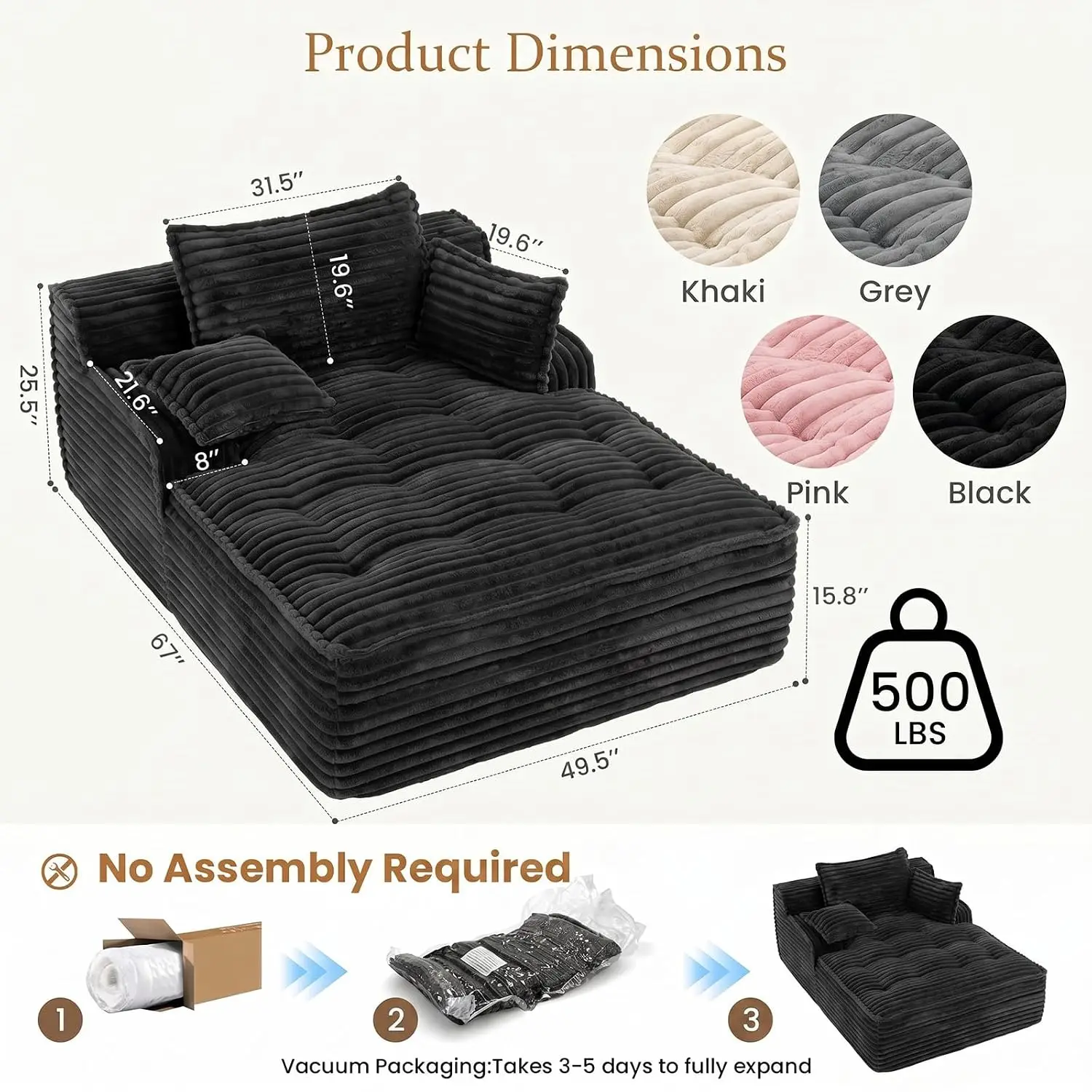 Oversized Corduroy Chaise Lounge Sofa Bed with 3 Pillows, Deep Seat Sleeper for Bedroom & Living Room, Customized