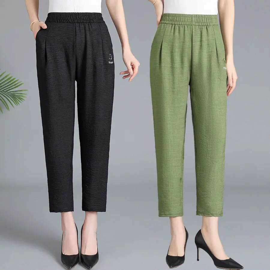 Summer New Style Women's Loose Elastic Waist Mom Pants High Waist Harlan Nine Point Pants Fashionable Elderly Ladies Trousers