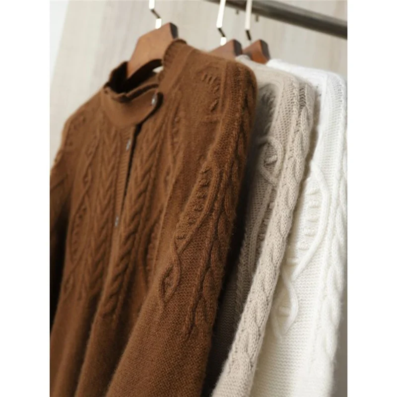 Korean Stand Collar Twist Simple Kawaii Single Breasted Knitted Cardigan Coats Autumn Winter New Fashion Soft Sweaters for Women