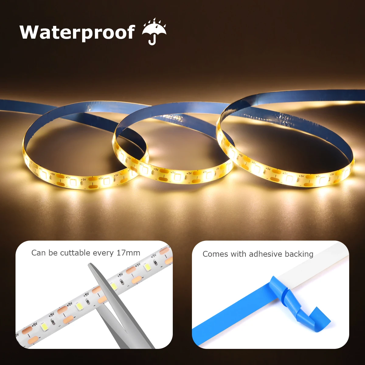 Smart PIR Motion Sensor LED Strip Lights DC5V USB Flexible LED Diode Tape Night Lamp Waterproof for Kitchen,Stair,Wardrobe Decor