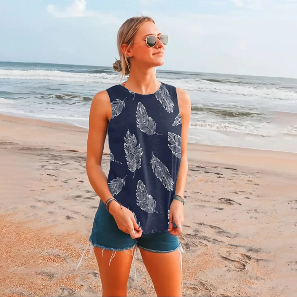 Elegant And Fashionable Colorful Feather Pattern Round Neck Summer Beach Casual Breathable And Refreshing Sleeveless Vest