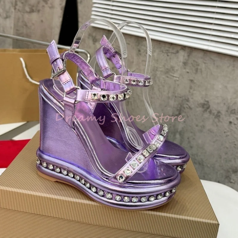 

Purple Rivets Crystal Wedges Platform Sandals Women Patchwork Weave Buckle Strap High Heels Sexy Fashion Party Gladiator Shoes