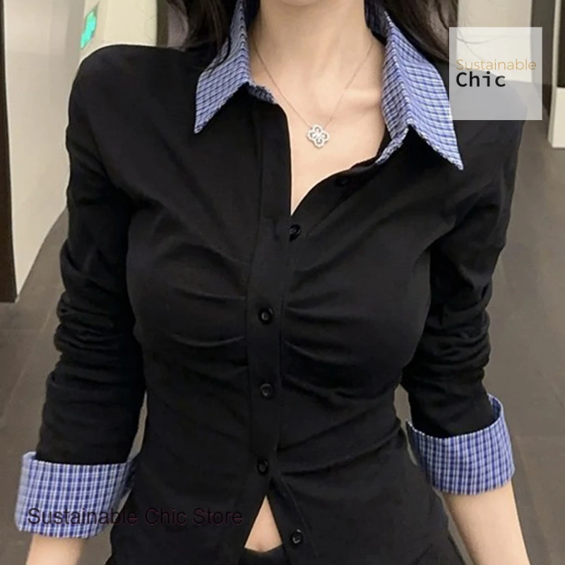 Korean style fashion new polo neck long sleeve knit top women's spring and autumn new versatile pleated contrast plaid shirt