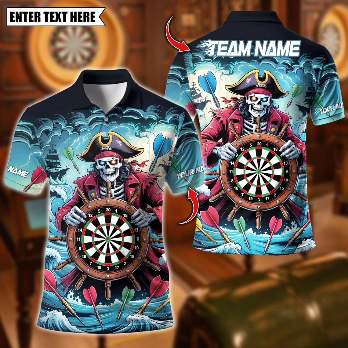 Custom Name Pirate Skull Darts Polo Shirt 3D Print Personalized Team Name Short Sleeve Jersey For Dart Players Birthday Gift Tee