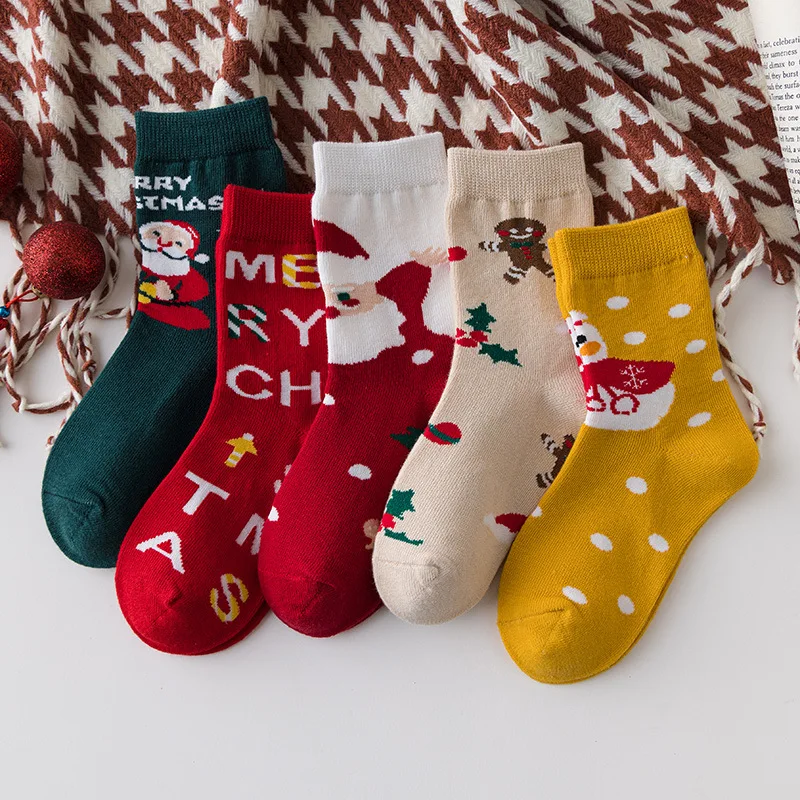 5pairs Christmas Children Cotton Socks Hosiery Winter Boys Girls Red Festive Cartoon Treasure Towel Kids Mid Tube Socks