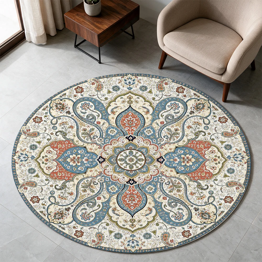 Vintage Moroccan Style Round Area Rug Bohemian Distressed Pattern Living Room Decor Soft Throw Mat