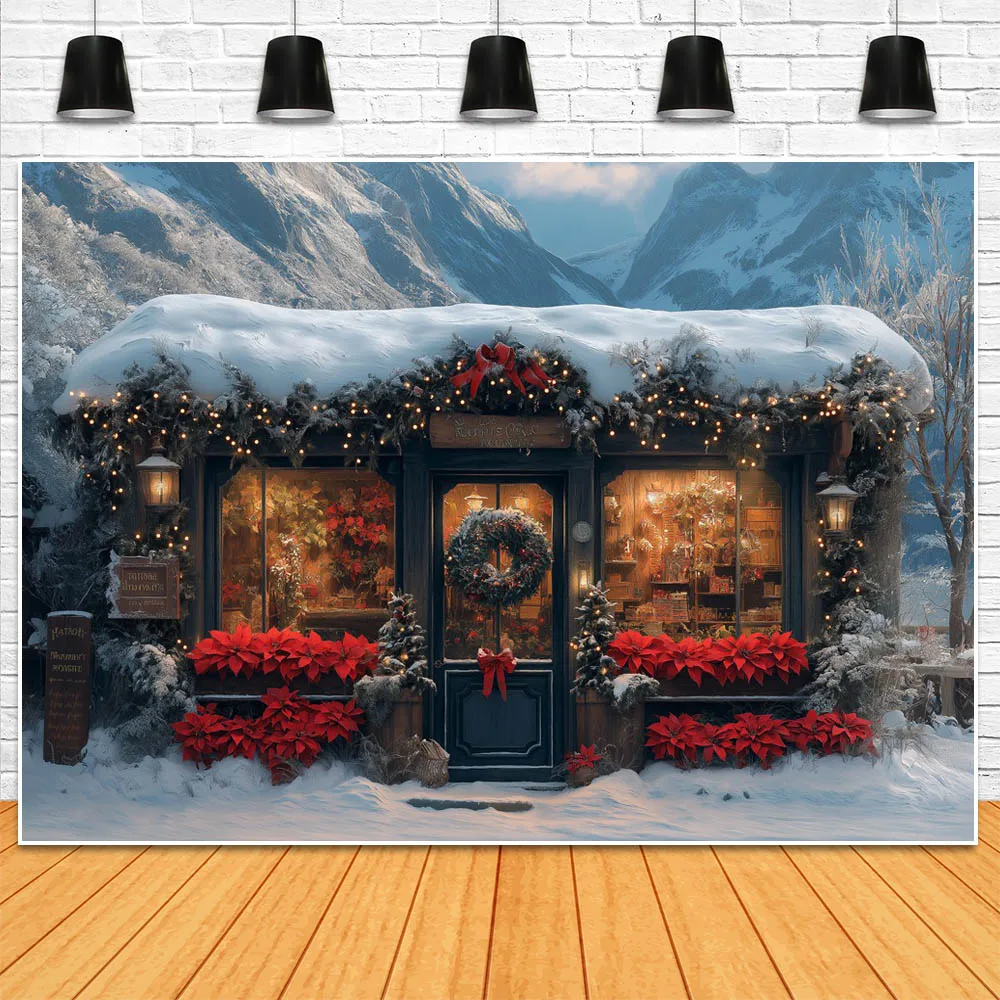 Mocsicka Winter Christmas Backdrop for Photography Snow Mountain Xmas Wooden House Outdoor Forest Portrait Photo Background Prop
