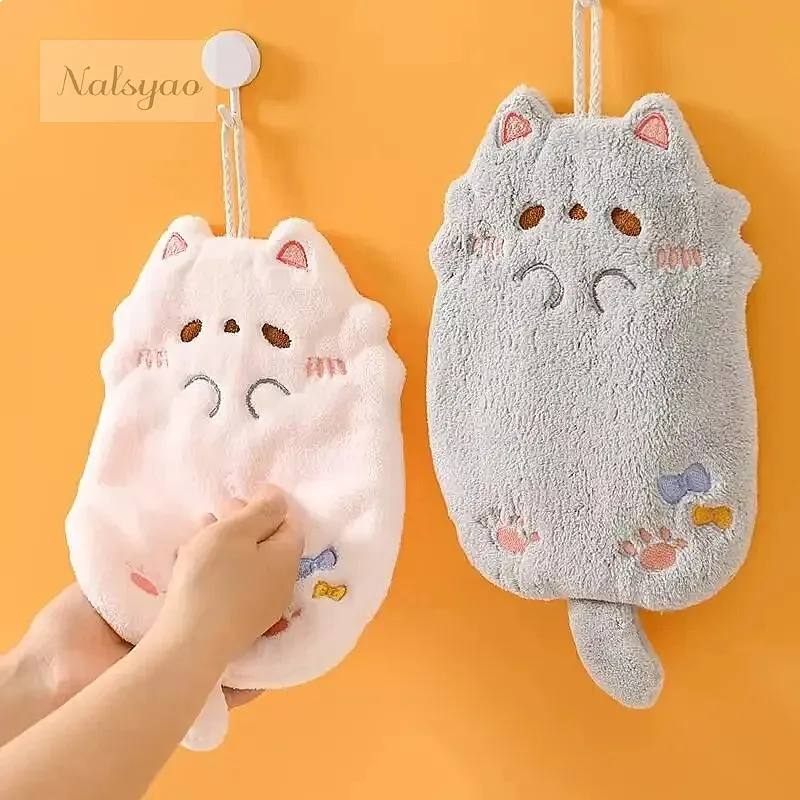 Wholesale Cute Cartoon Tanuki Hanging Towel Coral Velvet Thick Cloth Absorbent Kitchen Bathroom Hair Loss Proof Towels