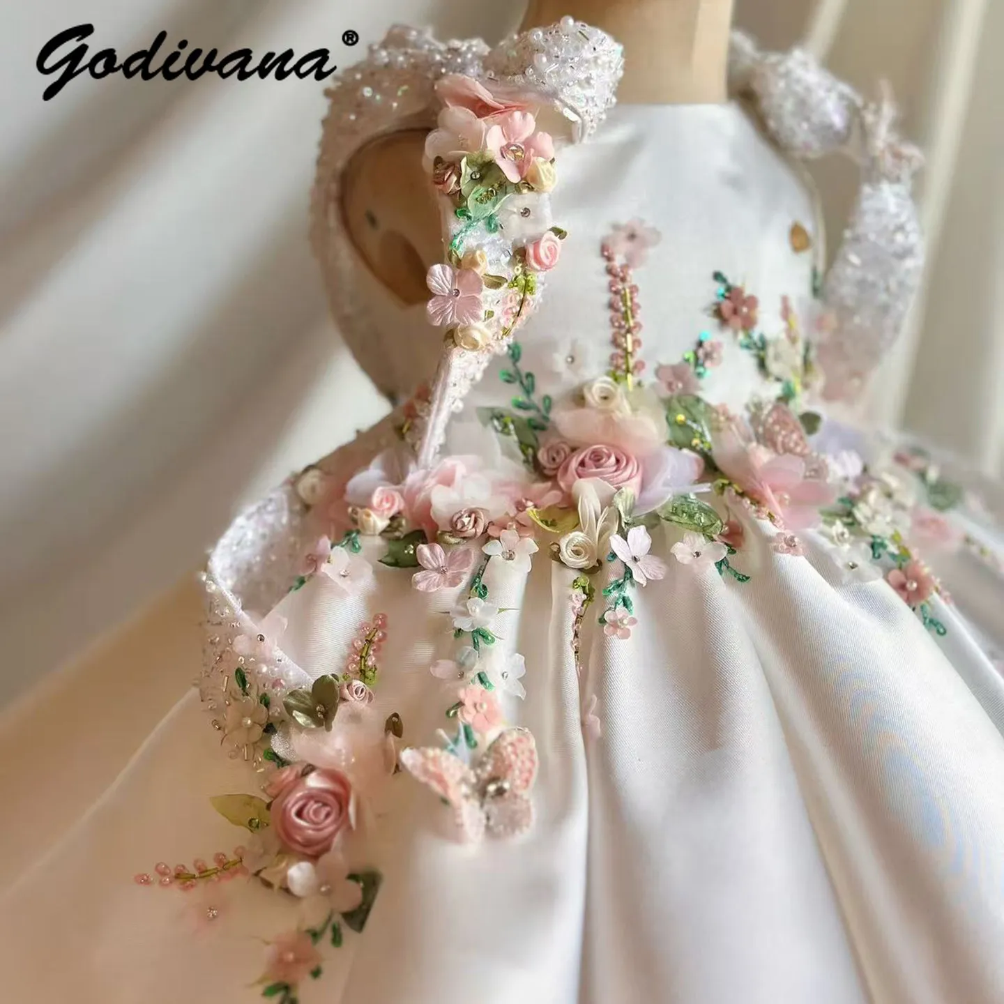 Baby Girls High End Luxury Piano Performance Dress Kids Heavy 3D Floral Pearl Embroidery Sleeveless Birthday Party Princess Gown