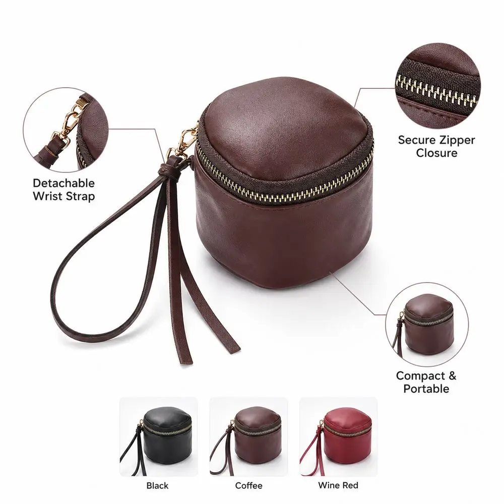 Vintage Leather Mini Coin Purse Zipper Closure Portable Lipstick Storage Bag Round Shape Earbuds Storage Pouch