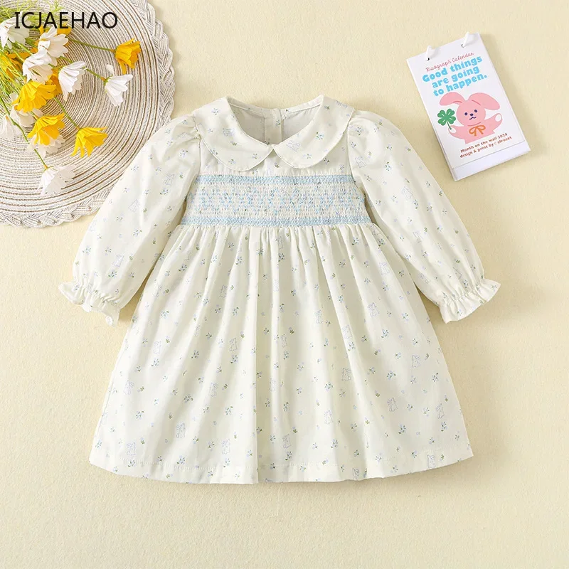 

2025 Girls Spring Dress Floral Children's Smocked Clothes Long Sleeve Princess Cotton Smocking Madehand Embroidery for Eid