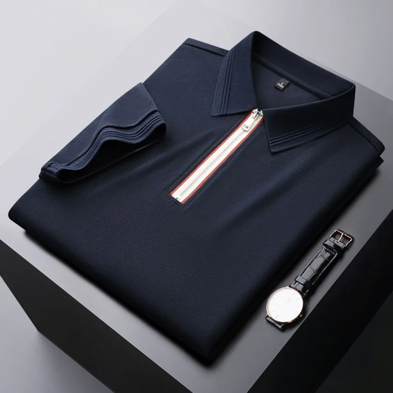 الصيف 7A مضاد للجراثيم مطرز تنفس نصف سستة قصيرة الأكمام قميص بولو رجال الأعمال عادية بلون تي شيرت بياقة #3