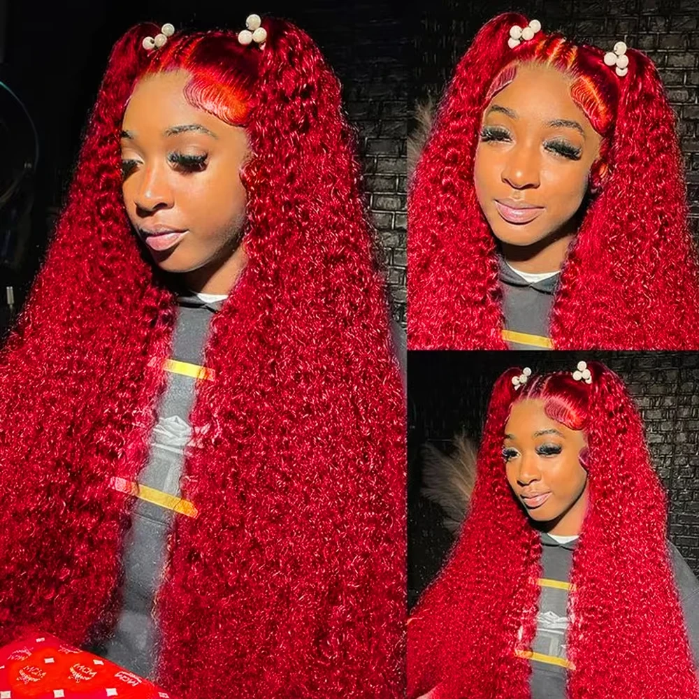 Wig Keriting Merah 40 Inci 13X6 Rambut Manusia Renda Depan dengan Kepadatan 250 Wig Frontal Renda Transparan Gelombang Dalam Berwarna Brasil untuk Wanita