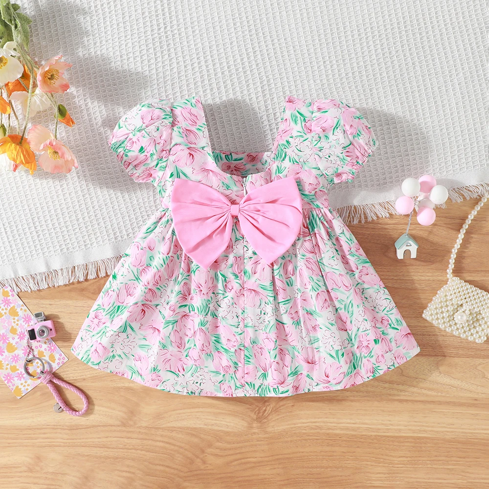 Summer baby girl dress baby girl big bow full of flower print bubble sleeves square neck princess dress