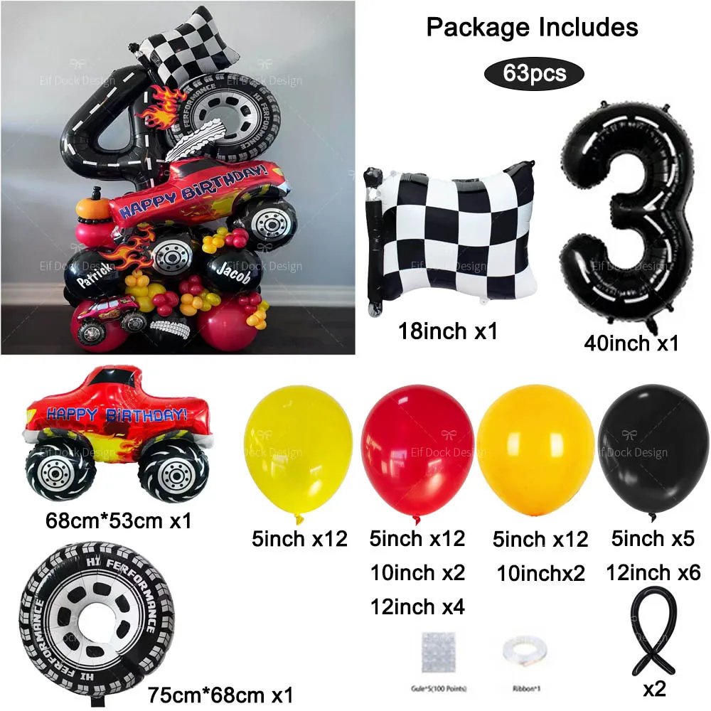 1Set Big Monster Truck Tire Flag Balloon Car Themed Birthday Foil Balloon Dump Truck Helium Balloon Boy Birthday Party Decoratio view 4
