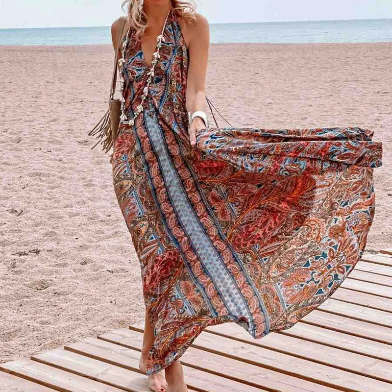 

SKMY Women Clothing 2024 Spring Summer New Fashion Print Lace-Up Halter V-Neck Backless Casual Loose Bohemian Long Dresses